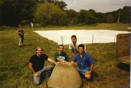 Les Stark, Tony Giardono , Jim Stark &amp; Shawn House setting up next to the hemp millstone &amp; the Cannabis Museum tent.