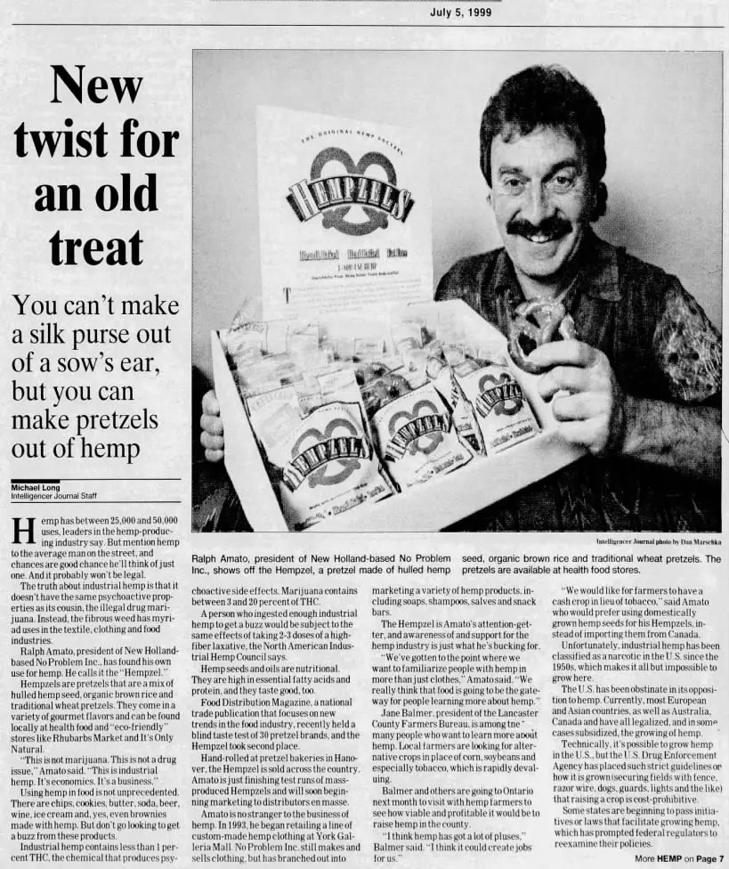 Former CEO Ralph Amato of No Problem Inc with Hempzels in the newspaper